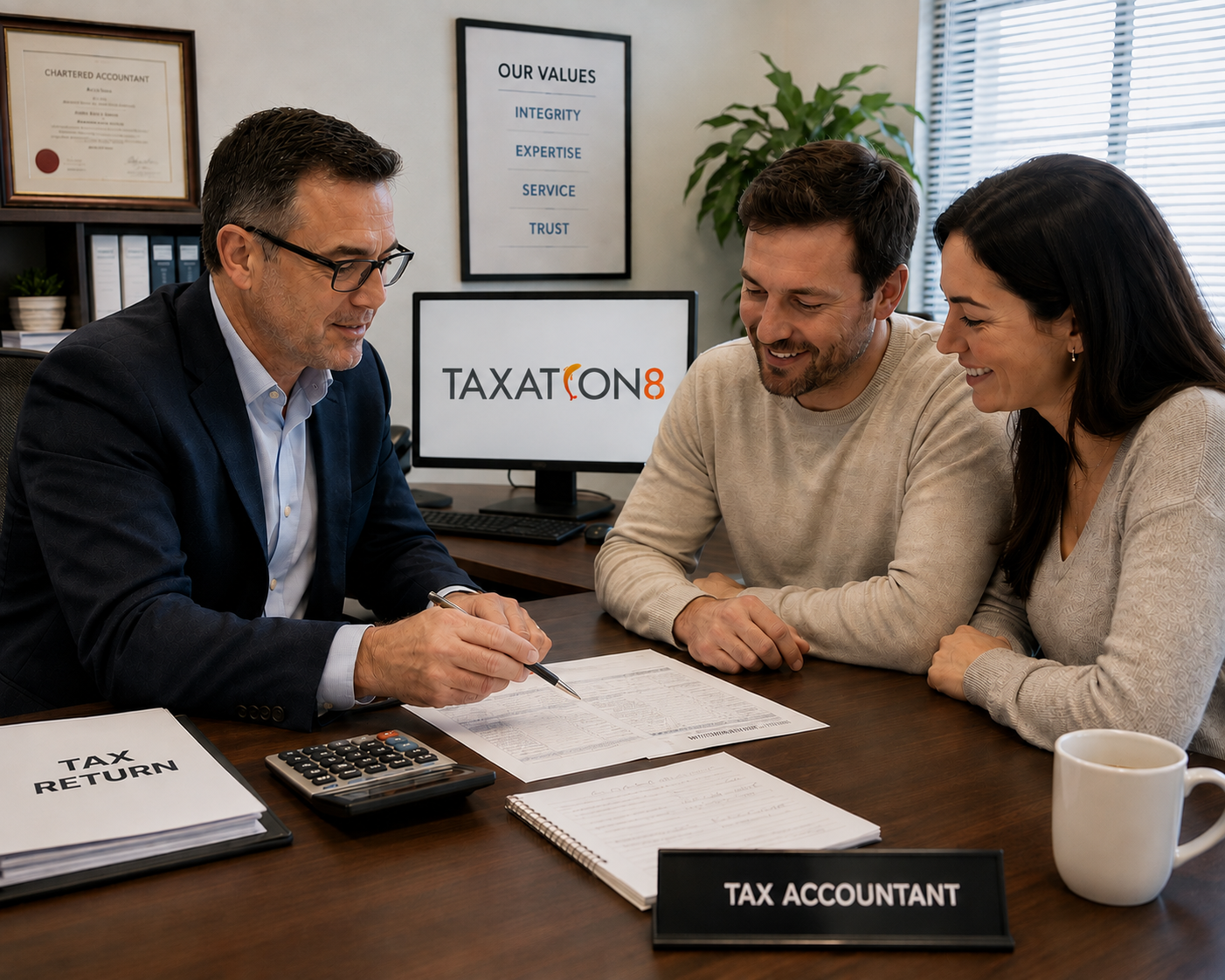 A Taxation 8 agent going through a tax return with two clients at his desk